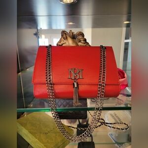 BADGLEY MISHCKA Cranberry Red Letter Lock Metal Fringe NWT